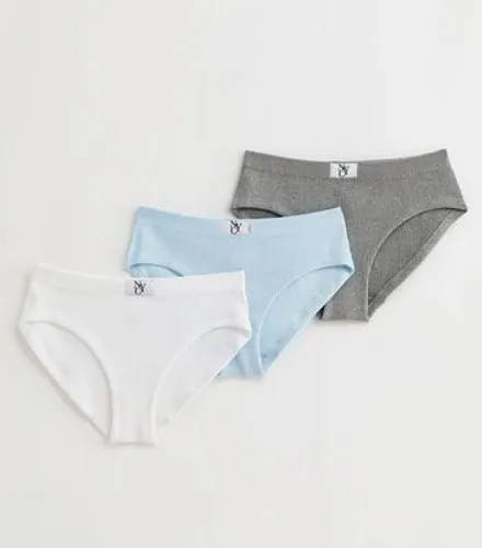 Girls 3 Pack White Grey and Blue Seamless Tab Front Briefs New Look