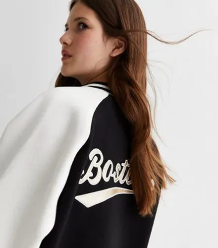 Girls Black Boston Logo Varsity Jacket New Look