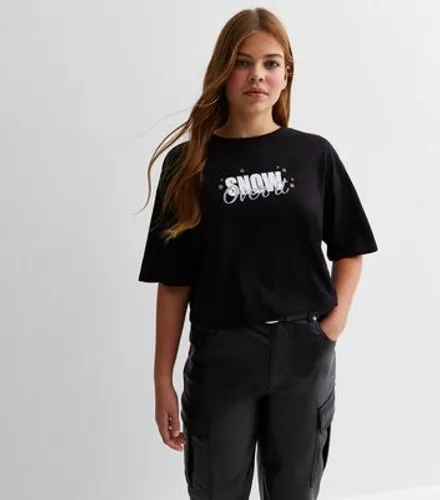Girls Black Cotton Snow Over It Logo T-Shirt New Look