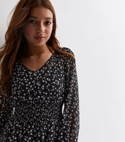 Girls Black Ditsy Floral Print Long Sleeve Tiered Mini Dress New Look