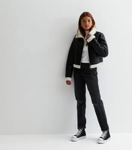 Girls Black Leather-Look Faux Fur Trim Aviator Jacket New Look