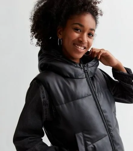 Girls Black Leather-Look Hooded Puffer Gilet New Look