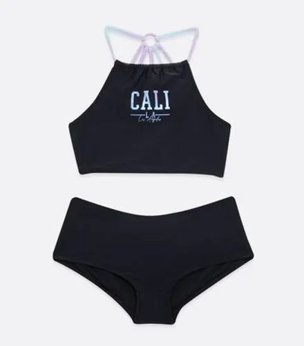 Girls Black Metallic Cali Logo Halter Bikini Set New Look