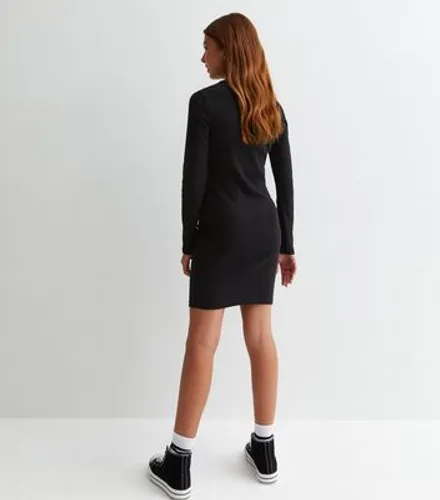 Girls Black Ribbed Long Sleeve Mini Dress New Look
