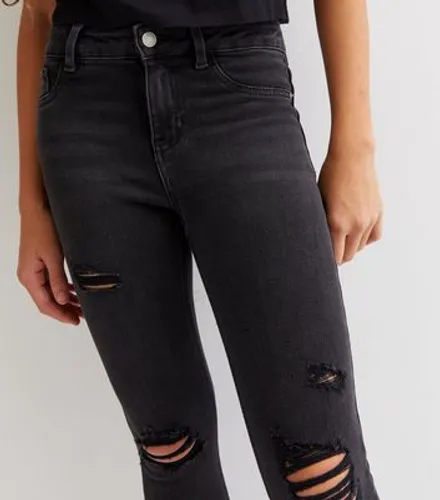 Girls Black Washed Extreme Ripped High Waist Hallie Super Skinny Jeans New Look