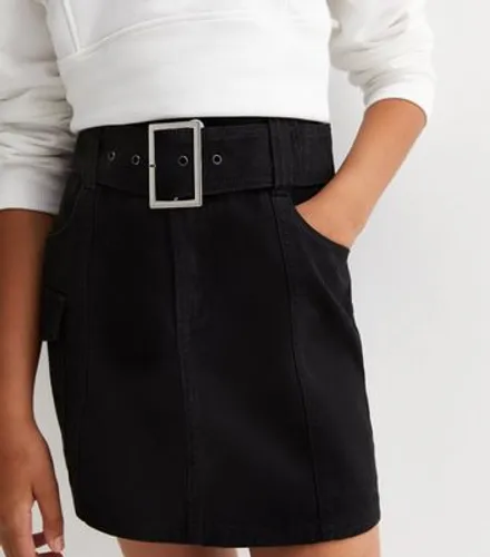 Girls Black Wide Buckle Cargo Mini Skirt New Look