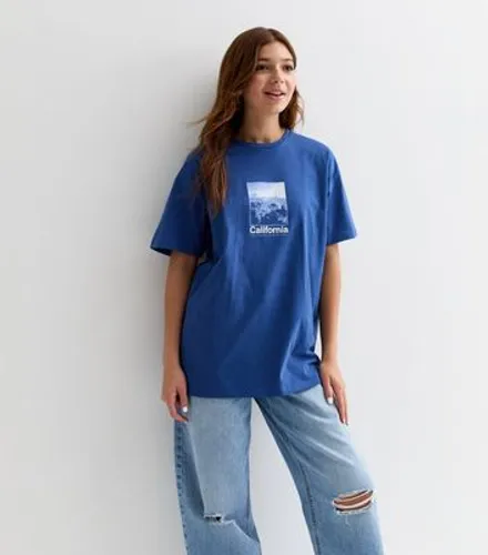 Girls Blue California Logo Longline T-Shirt New Look