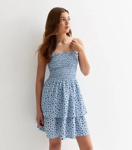 Girls Blue Floral Ditsy Print Shirred Mini Dress New Look