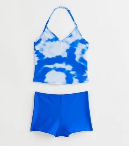 Girls Blue Tie Dye Print Halter Tankini Set New Look