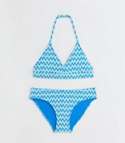 Girls Blue Zig Zag Halter Bikini Set New Look