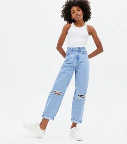 Girls Bright Blue Ripped Knee Oversized Tori Mom Jeans New Look