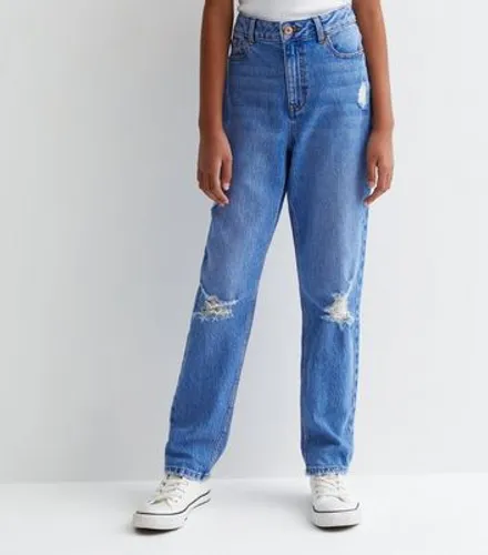 Girls Bright Blue Ripped Slim Fit Tori Mom Jeans New Look