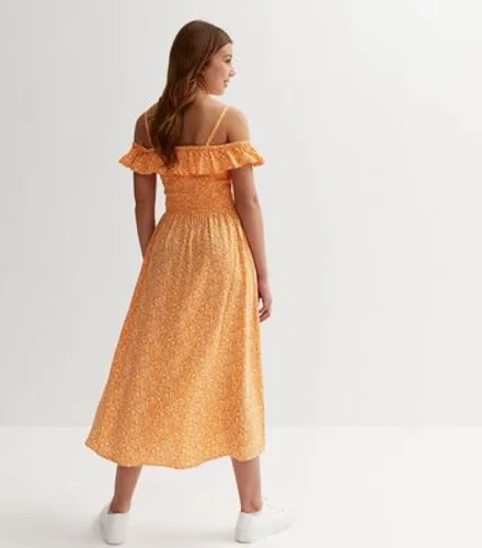 Girls Bright Orange Floral Frill Midi Dress New Look