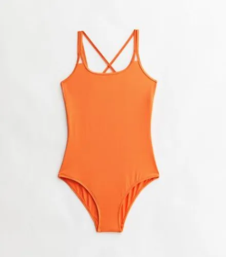 Girls Bright Orange Ribbed Strappy Back Swimsuit New Look