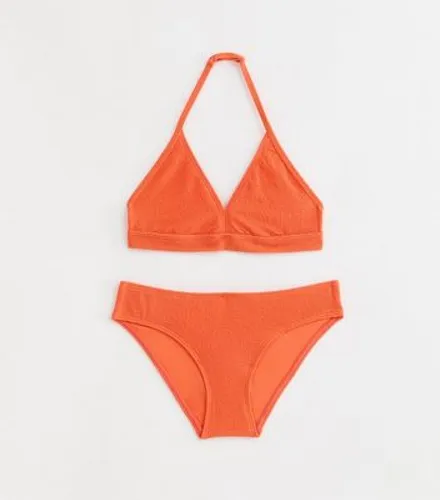Girls Bright Orange Textured Triangle Bikini Set New Look