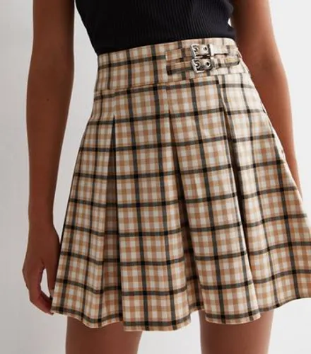 Girls Brown Check Pleated Buckle Mini Skirt New Look