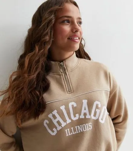 Girls Camel Chicago Zip Neck Logo Sweatshirt New Look