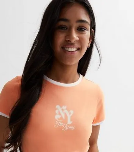 Girls Coral Gothic NY Logo Ringer T-Shirt New Look