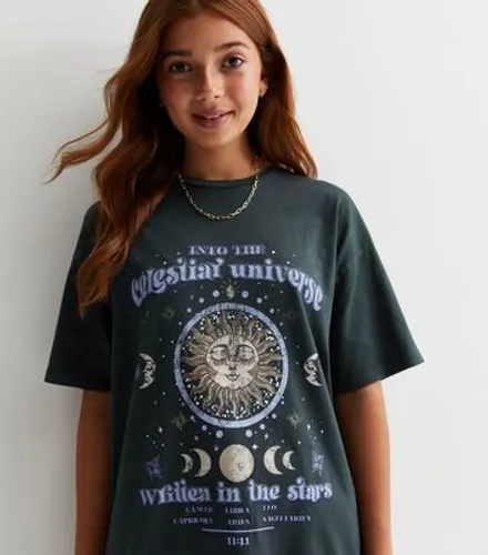 Girls Dark Grey Celestial Oversized Logo T-Shirt New Look