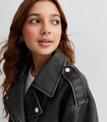 Girls Dark Grey Washed Leather-Look Jacket New Look