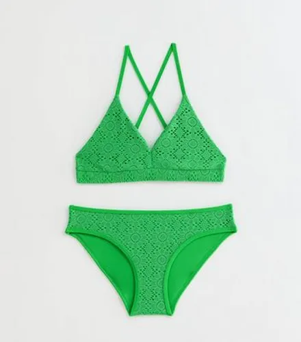 Girls Green Crochet Triangle Bikini Set New Look
