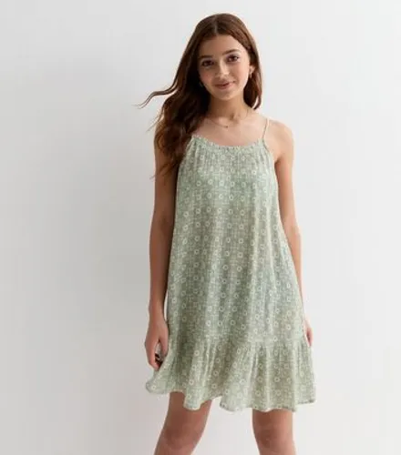 Girls Green Sun Print Strappy Tiered Mini Beach Dress New Look