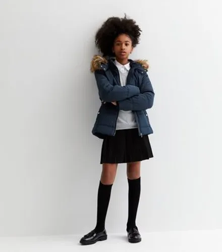 Girls Navy Faux Fur Trim Hooded Puffer Jacket New Look