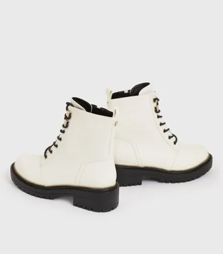 Girls Off White Faux Zip Trim Lace Up Chunky Boots New Look
