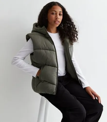 Girls Olive Hooded Puffer Gilet New Look