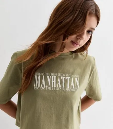 Girls Olive Manhattan Logo Crop T-Shirt New Look