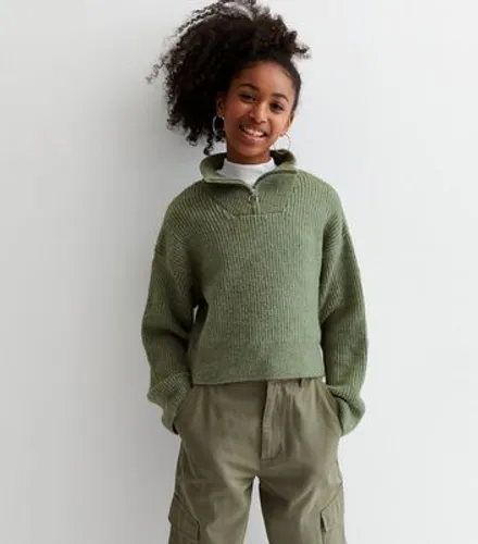 Girls Olive Ribbed Zip High Neck Jumper New Look