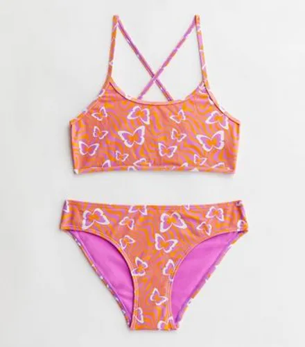 Girls Orange Butterfly Print Strappy Bikini Set New Look