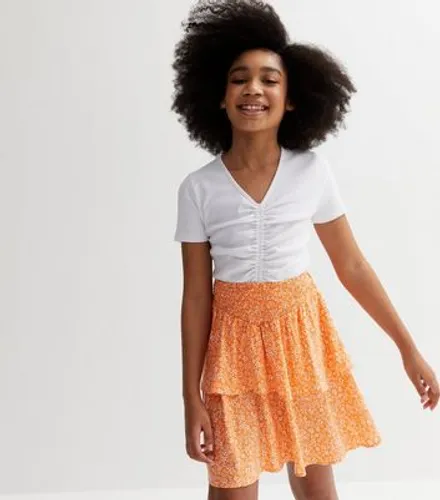 Girls Orange Ditsy Floral Shirred Tiered Skirt New Look