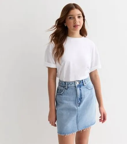 Girls Pale Blue Denim Raw Hem Mini Skirt New Look