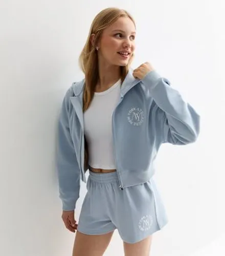 Girls Pale Blue NY Embroidered Crop Hoodie New Look