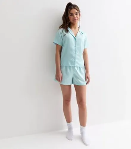 Girls Pale Blue Satin Short Pyjama Set with Heart Logo New Look