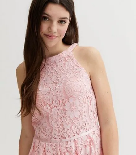 Girls Pink Lace Halter Mini Skater Dress New Look