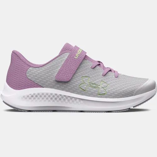 Girls' Pre-School  Under Armour  Pursuit 3 AC Big Logo Running Shoes Halo Gray / Fresh Orchid / Lumos Lime
