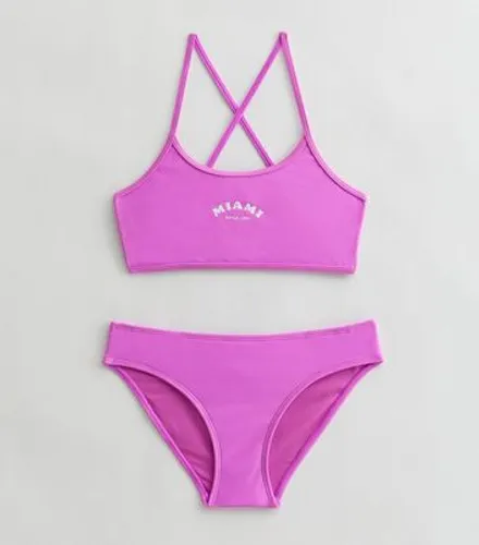 Girls Purple Miami Logo Cross Back Bikini Top and Bottom Set New Look