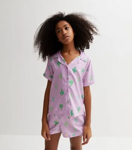 Girls Purple Short Pyjama Set with Cactus Print New Look