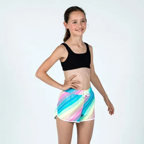 Girl's Swim Shorts - 100 Katy Rainbow Stripes Turquoise