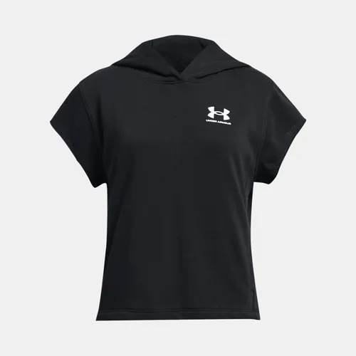 Girls'  Under Armour  Rival Terry Short Sleeve Hoodie Black / White YLG (59 - 63 in)