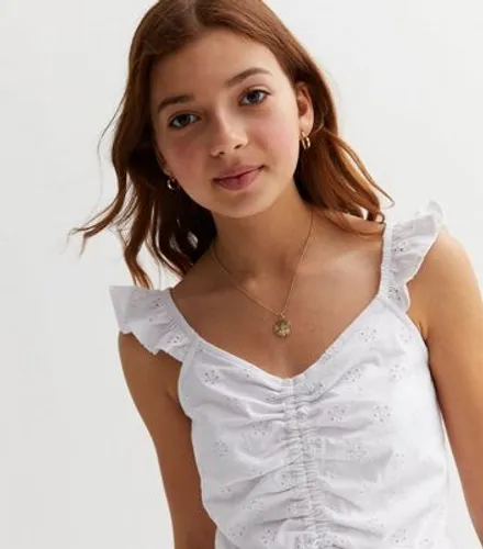 Girls White Broderie Frill Ruched Vest New Look