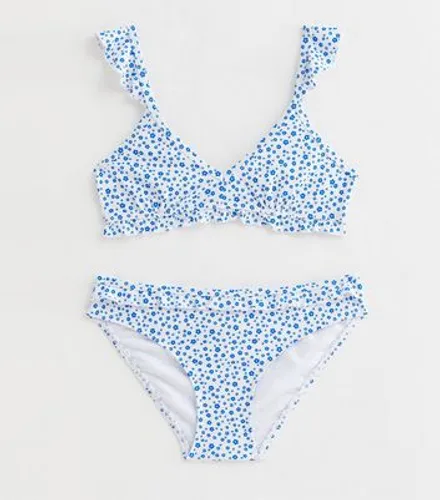 Girls White Ditsy Floral Frill Triangle Bikini Set New Look