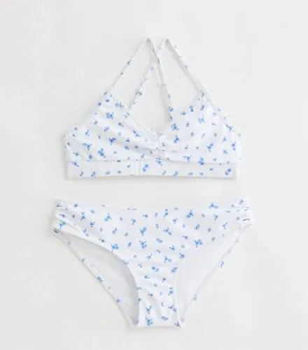 Girls White Ditsy Floral Triangle Bikini Set New Look