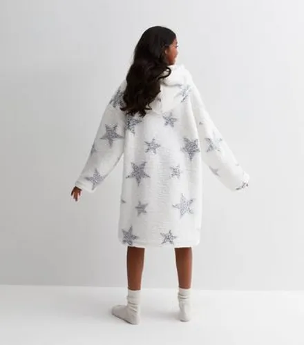 Girls White Star Print Fleece Oversized Blanket Hoodie New Look
