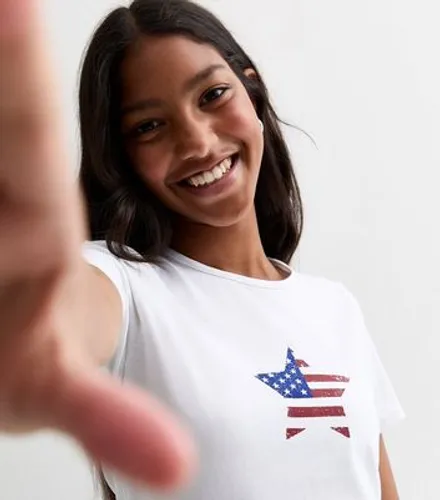 Girls White Stretch Cotton US Star Print T-Shirt New Look