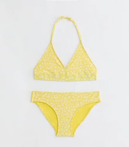 Girls Yellow Floral Triangle Bikini Set New Look