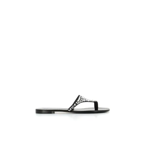 Giuseppe Zanotti , Black Flat Sandals with Silver Rhinestones ,Black female, Sizes: