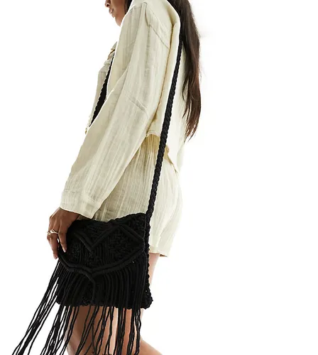 Glamorous crochet tassle shoulder beach bag in black-White